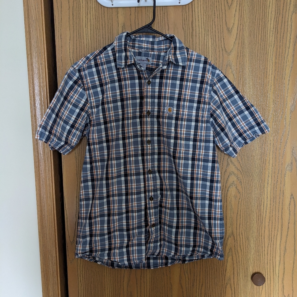 Blue, Orange, and White Short Sleeved Button-Up Shirt